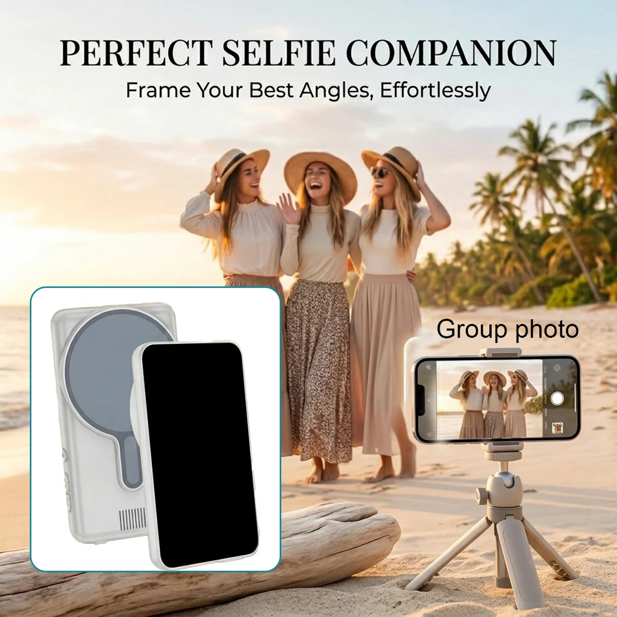 A group of three women posing for a selfie with a magnetic monitor screen attached to a smartphone.