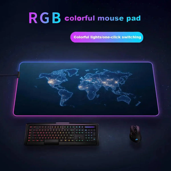 An RGB colorful mouse pad featuring a glowing map of the world and an attached gaming mouse.