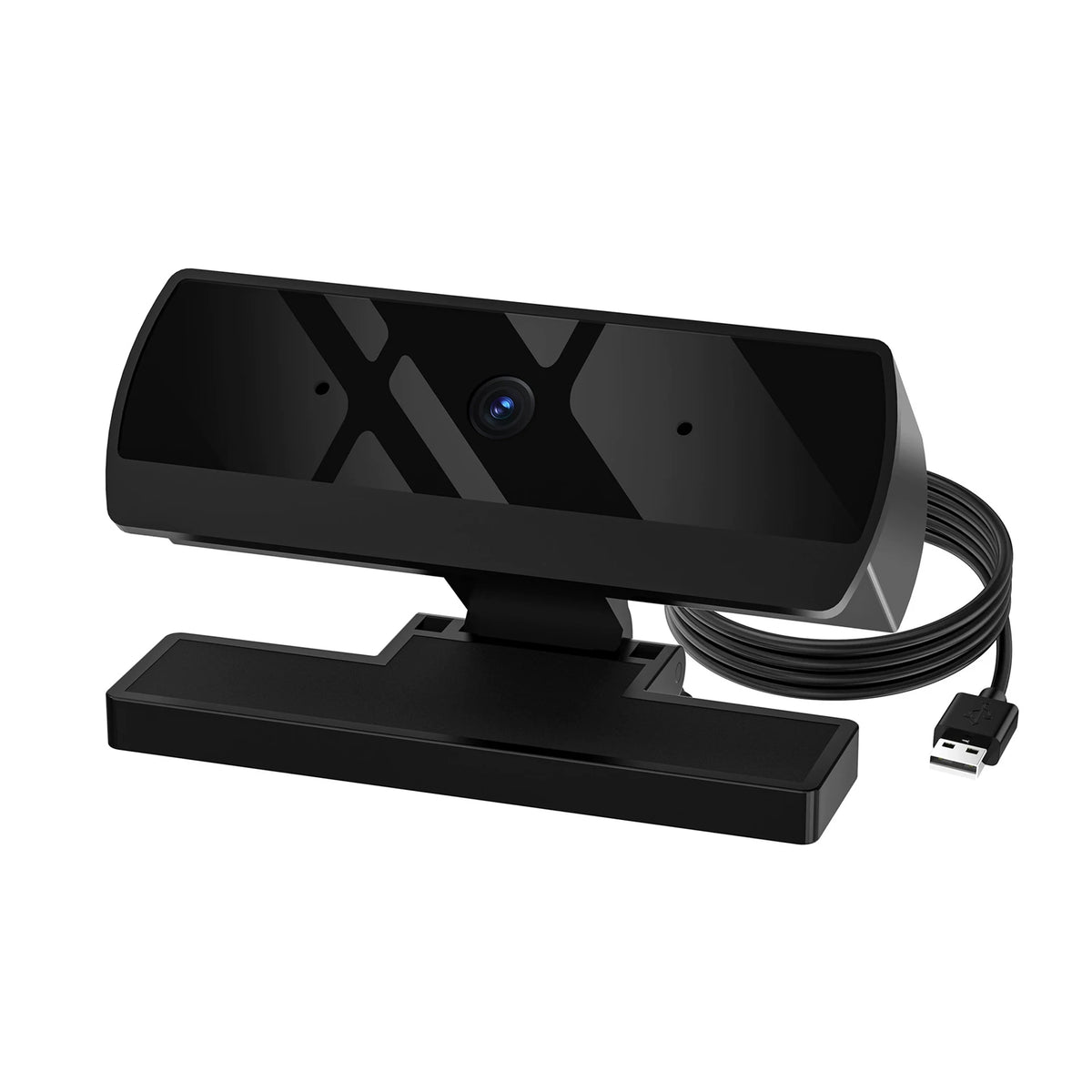 A black HD 1080P webcam with a microphone and cable, positioned for video calls or streaming.