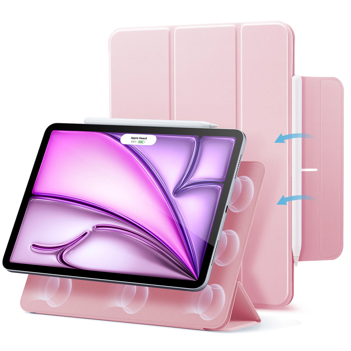 A pink magnetic folio case is shown with an iPad Air tablet inside.