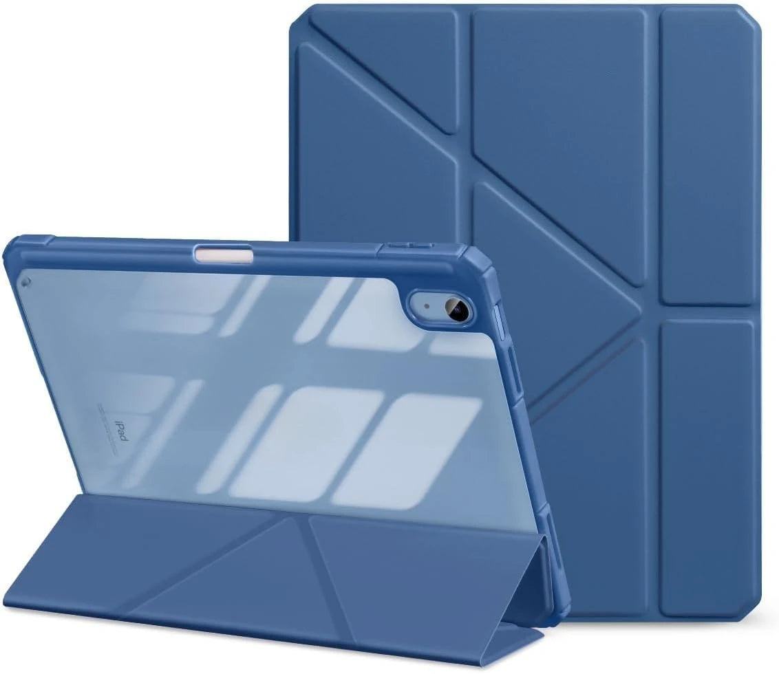 A blue Universal Protective Case for an Apple iPad is shown open next to its matching protective cover.