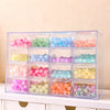 Acrylic transparent bead storage box with stackable compartments filled with various colored beads