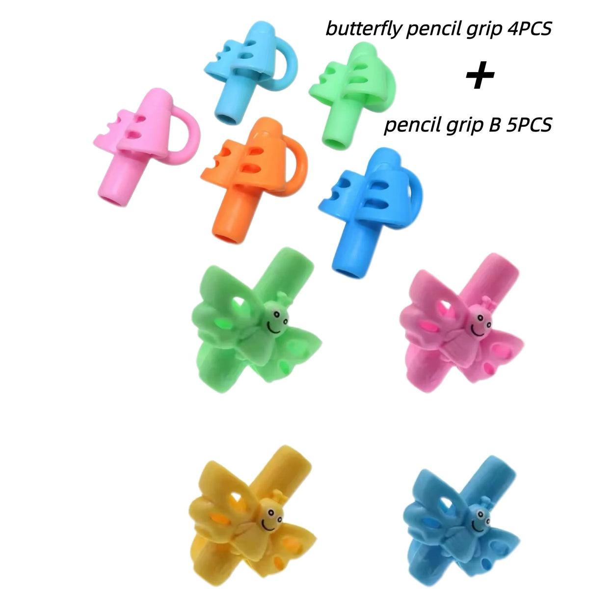 A collection of colorful silicone pencil grips including butterfly shapes in pink, orange, green, blue, and yellow.