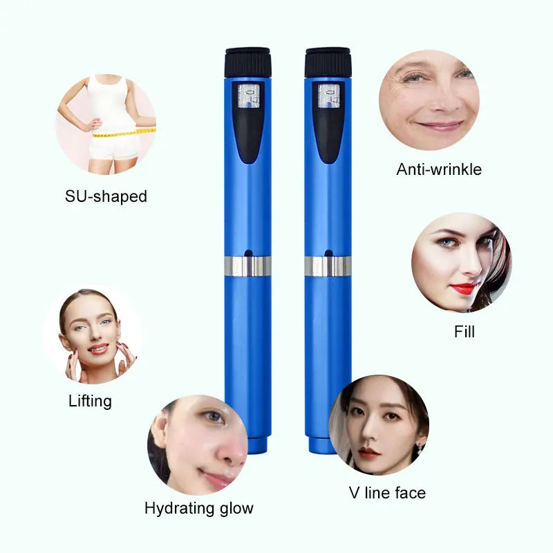 Reusable injection pen device shown with various facial treatment results like Anti-wrinkle, Fill, Lifting, Hydrating glow, a
