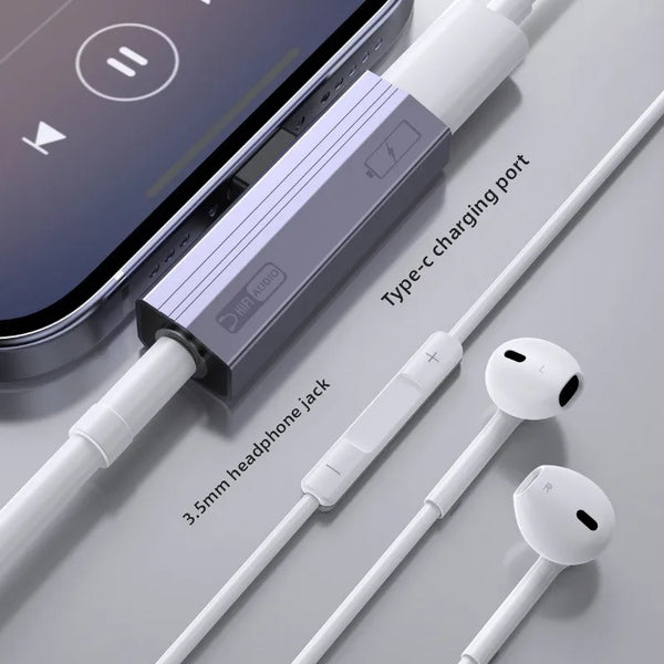 A white USB-C to 3.5mm audio adapter cable is shown next to a smartphone and two white earphones.