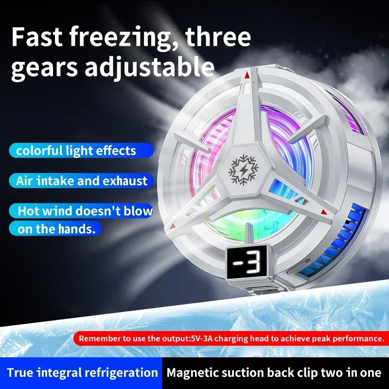 A silver magnetic phone cooler with adjustable gears and colorful light effects shown against a dark background.