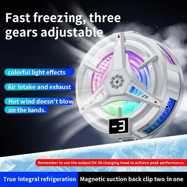 A silver magnetic phone cooler with adjustable gears and colorful light effects shown against a dark background.