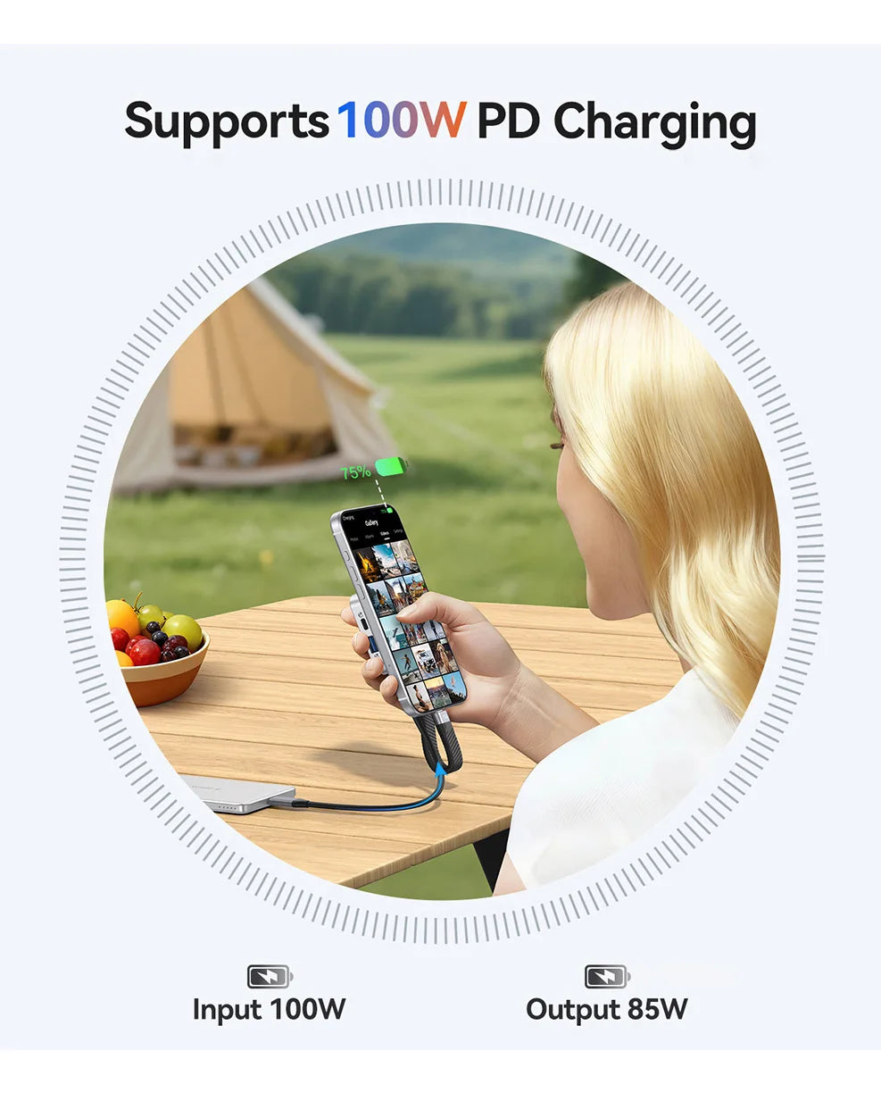 A woman is using a device that supports 100W PD charging to charge a smartphone outdoors.