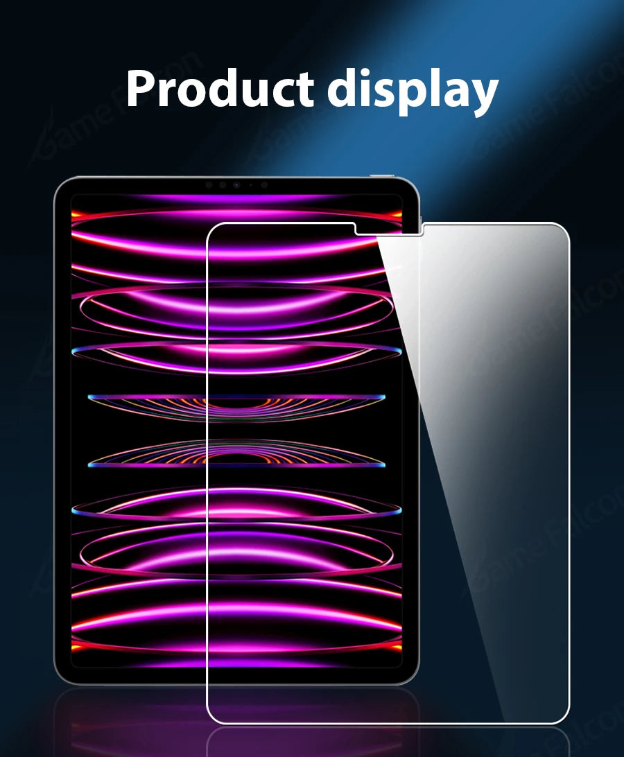 A display showing vibrant purple and pink light patterns on a smartphone screen with a clear glass protector.