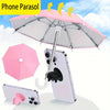 A pink umbrella is shown with a phone holder and a suction cup base, alongside various smartphone models.