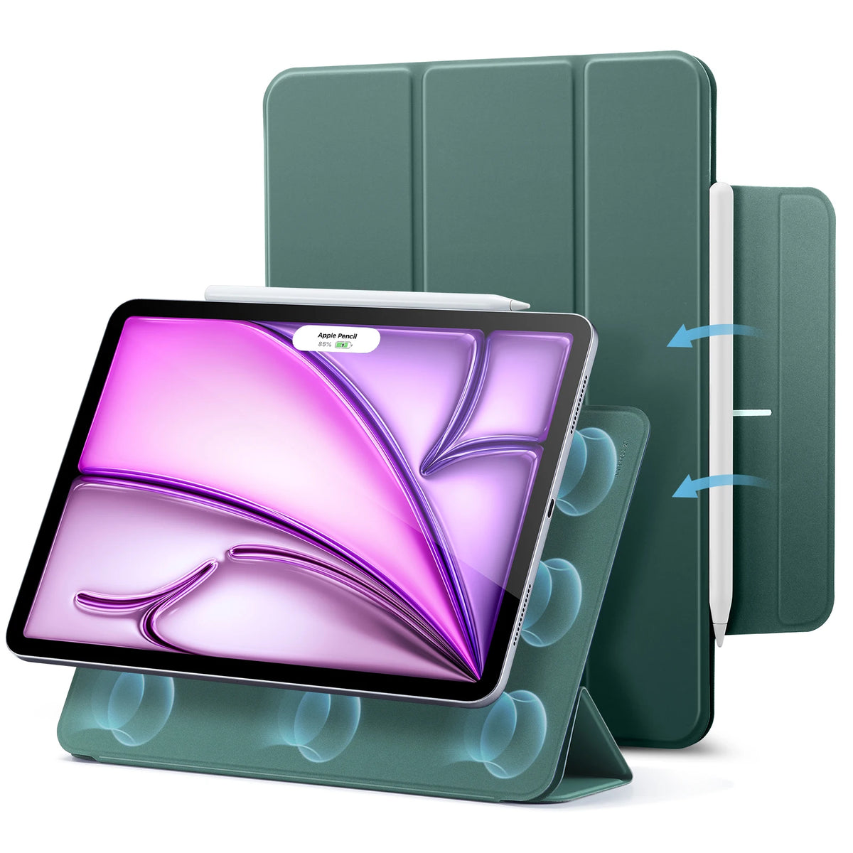 A green magnetic folio case is shown with an iPad Air tablet inside.