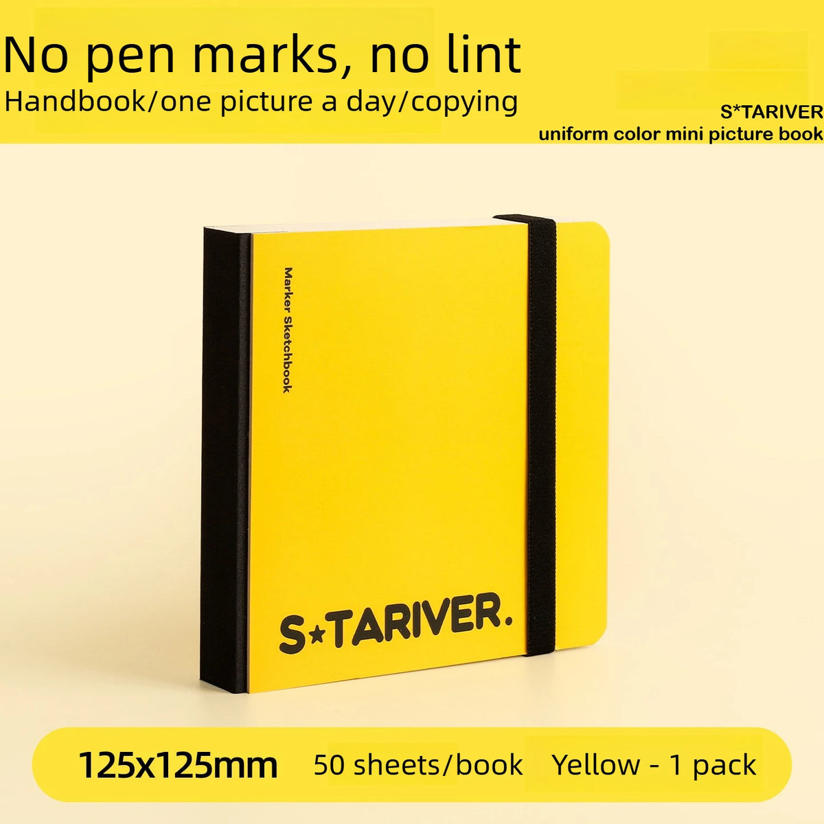 A yellow sketchbook titled S*TARIVER with black accents, showing a page for drawing.