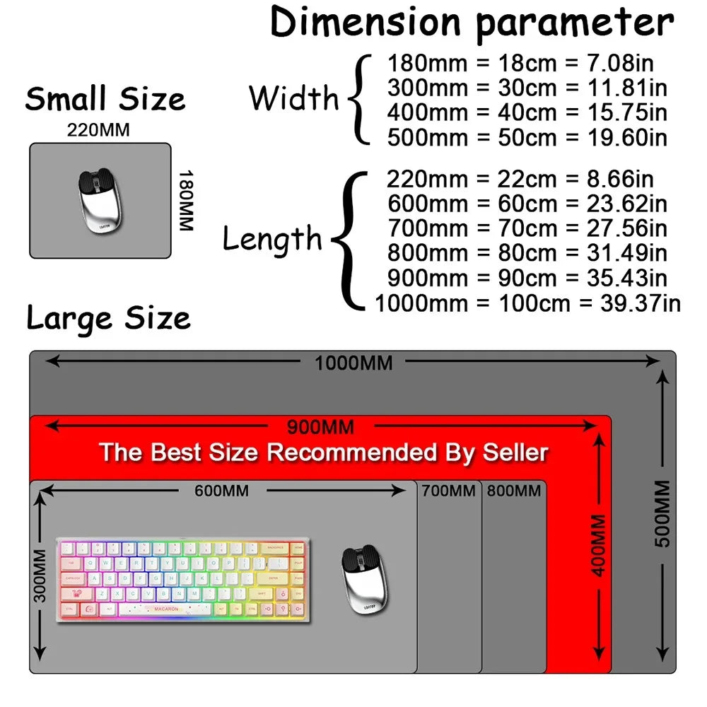 Diagram showing dimension parameters for small and large sizes of a gaming mouse pad.