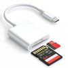 A white adapter cable and a black memory card adapter for Type-C to SD/TF cards.