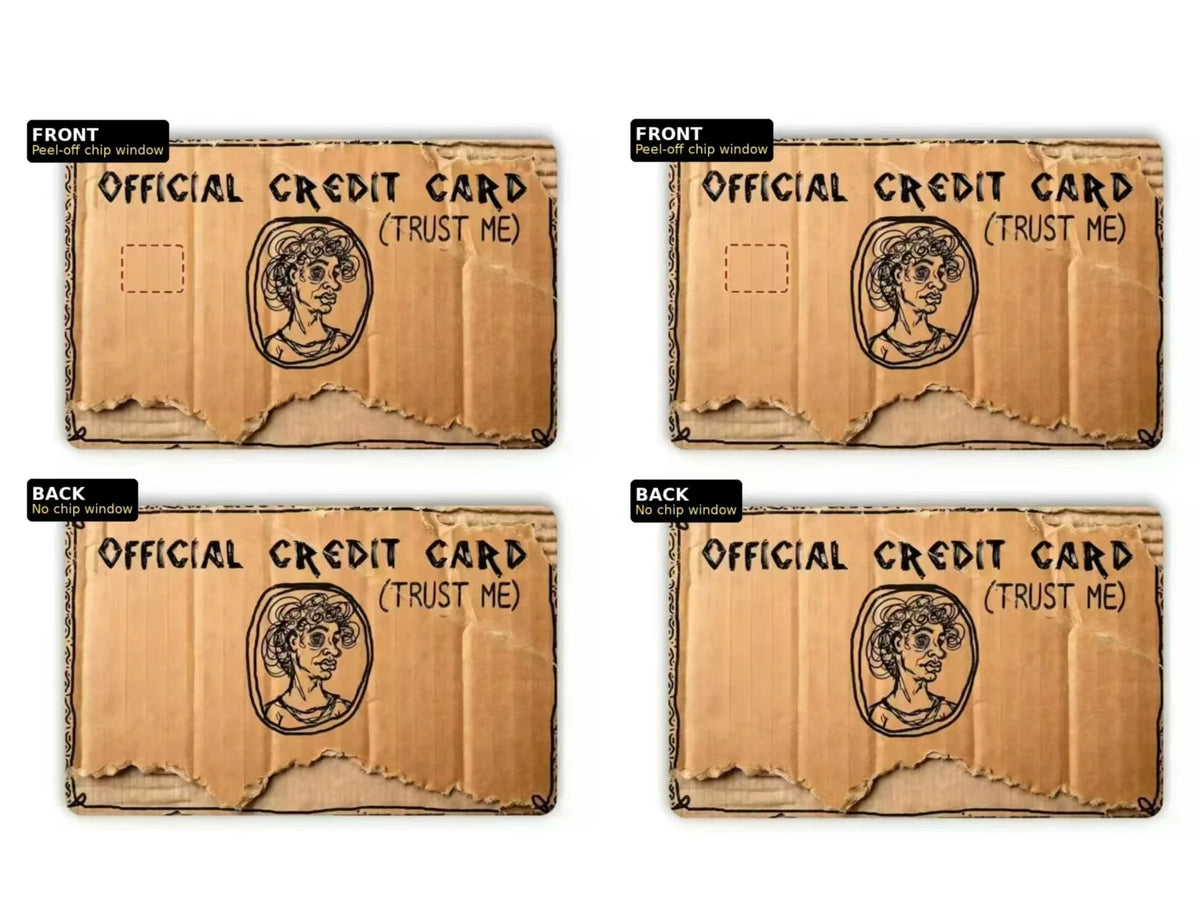 Four images of official credit cards with a woman's portrait and trust me text shown from the front and back.