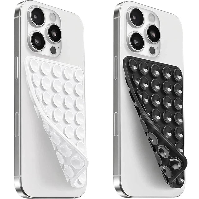 A white smartphone case featuring a silicone suction cup mount with a double-sided grip.