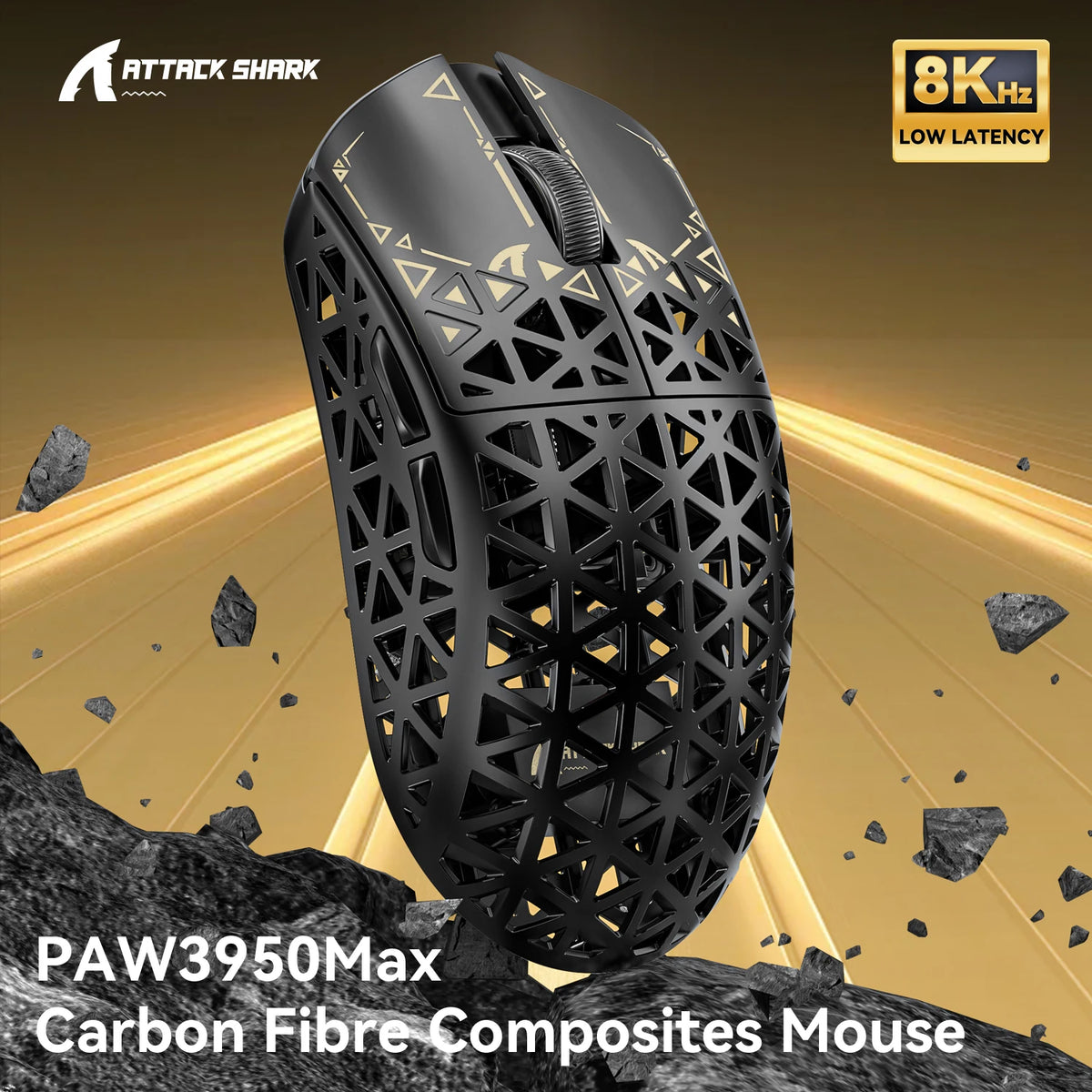 Black Attack Shark PAW3950Max Carbon Fibre Composites Mouse shown against a gold background.