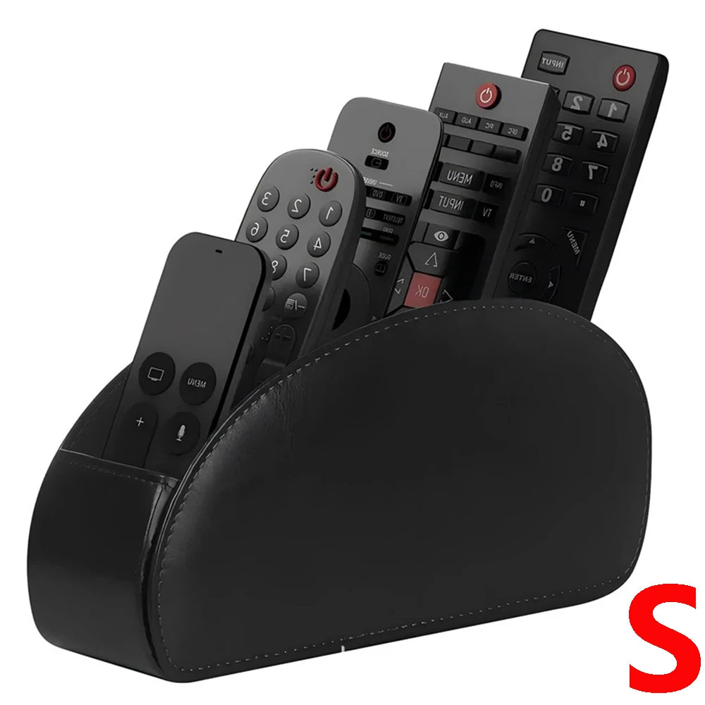 A black PU leather remote control holder with five compartments displaying various electronic devices.