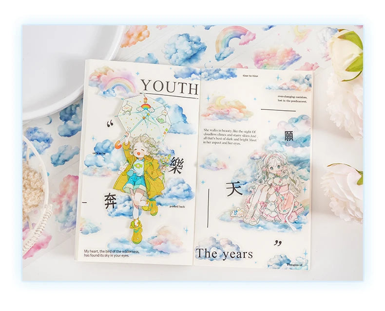 A set of decorative masking tape rolls featuring a cloud pattern and illustrations of youth and nature.