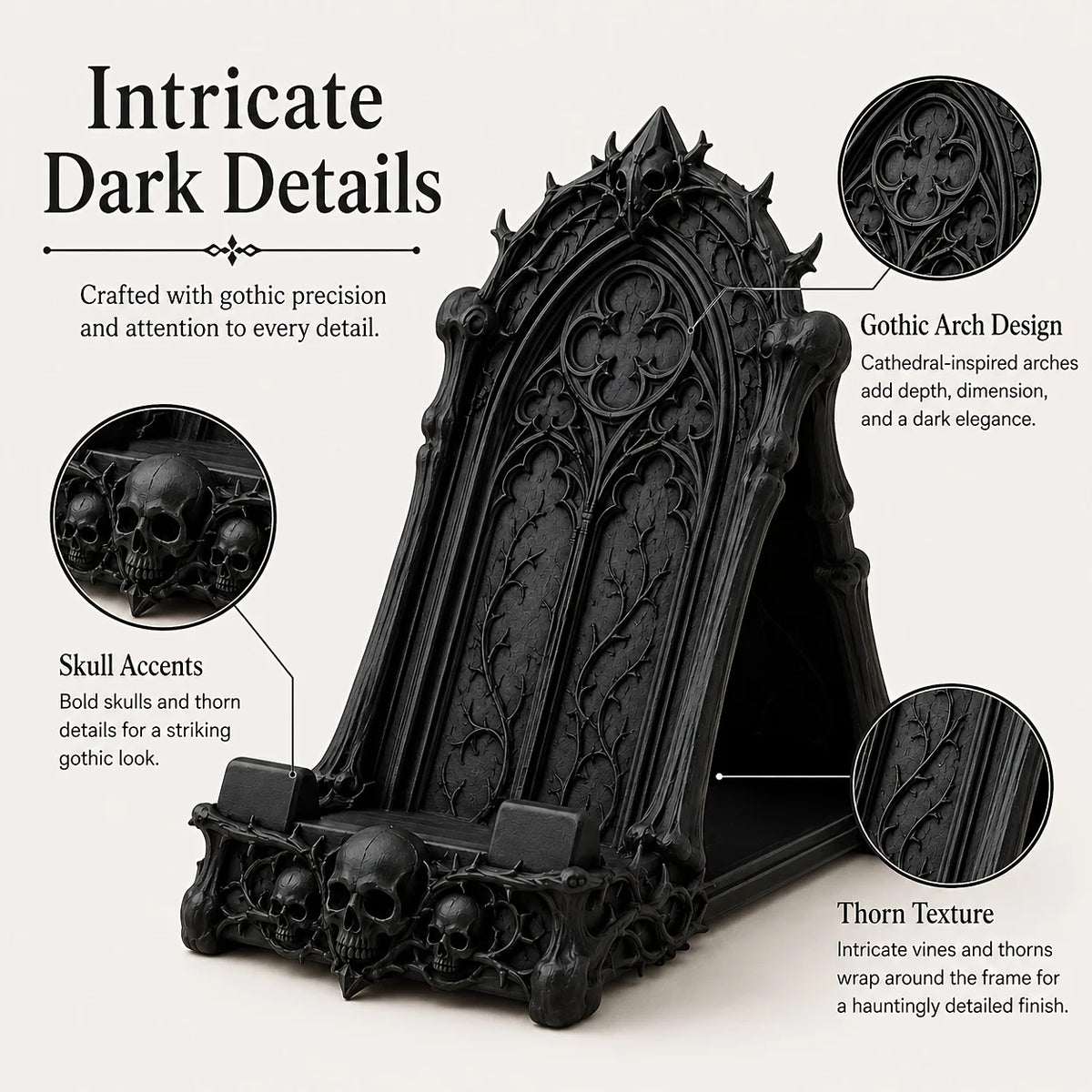 A black gothic arch design phone stand featuring intricate dark details and skull accents.