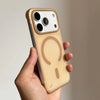 A hand holds a beige slim magnetic phone case for iPhone Magsafe with a circular cutout.