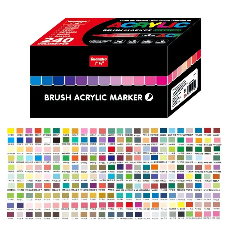 Box of acrylic brush markers featuring a wide range of vibrant colors and tips.