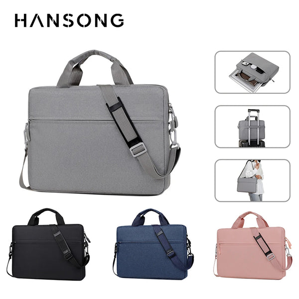 Housse d'ordinateur portable grise HANSONG, montrée dans diverses couleurs et angles (noir, bleu, rose).