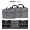 Gray laptop and tablet messenger bags shown with size measurements 13.3, 14, and 15.6 inches.