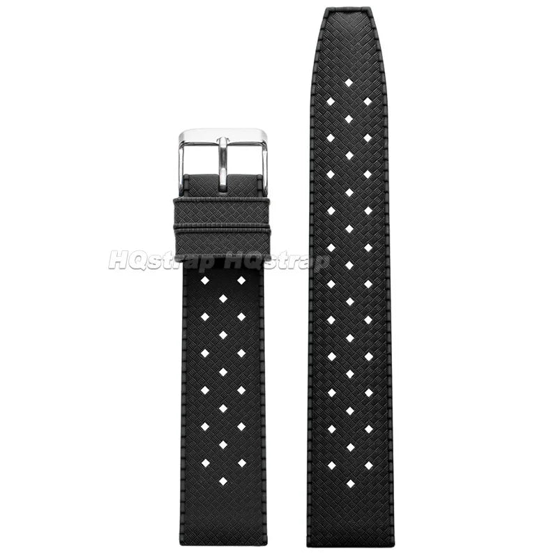 Black perforated silicone watch strap with a quick release buckle