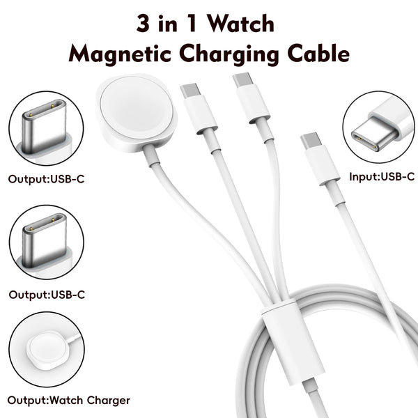 A 3 in 1 magnetic charging cable showing outputs for USB-C and a watch charger.
