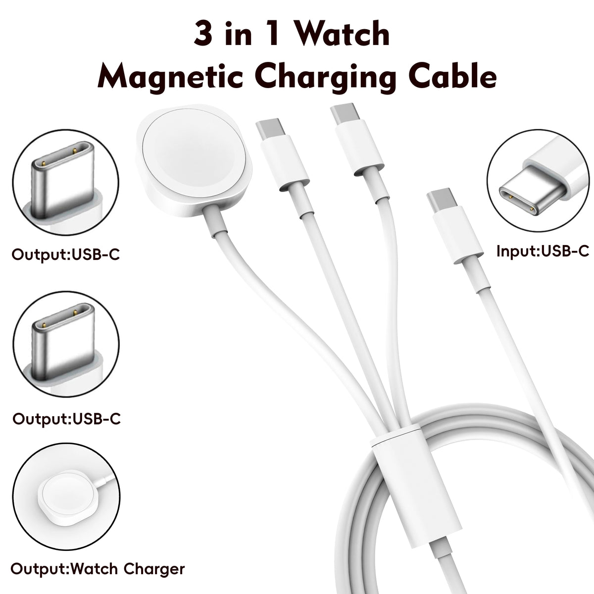 Cable de carga magnético blanco, adaptador 3 en 1 para salida USB-C a cargador de reloj.