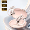 Pink AI Translation Bluetooth earphones shown in various forms, highlighting acoustic structure cavity and sound features.