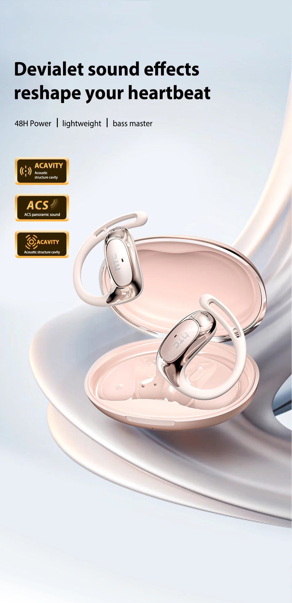 Pink AI Translation Bluetooth earphones shown in various forms, highlighting acoustic structure cavity and sound features.