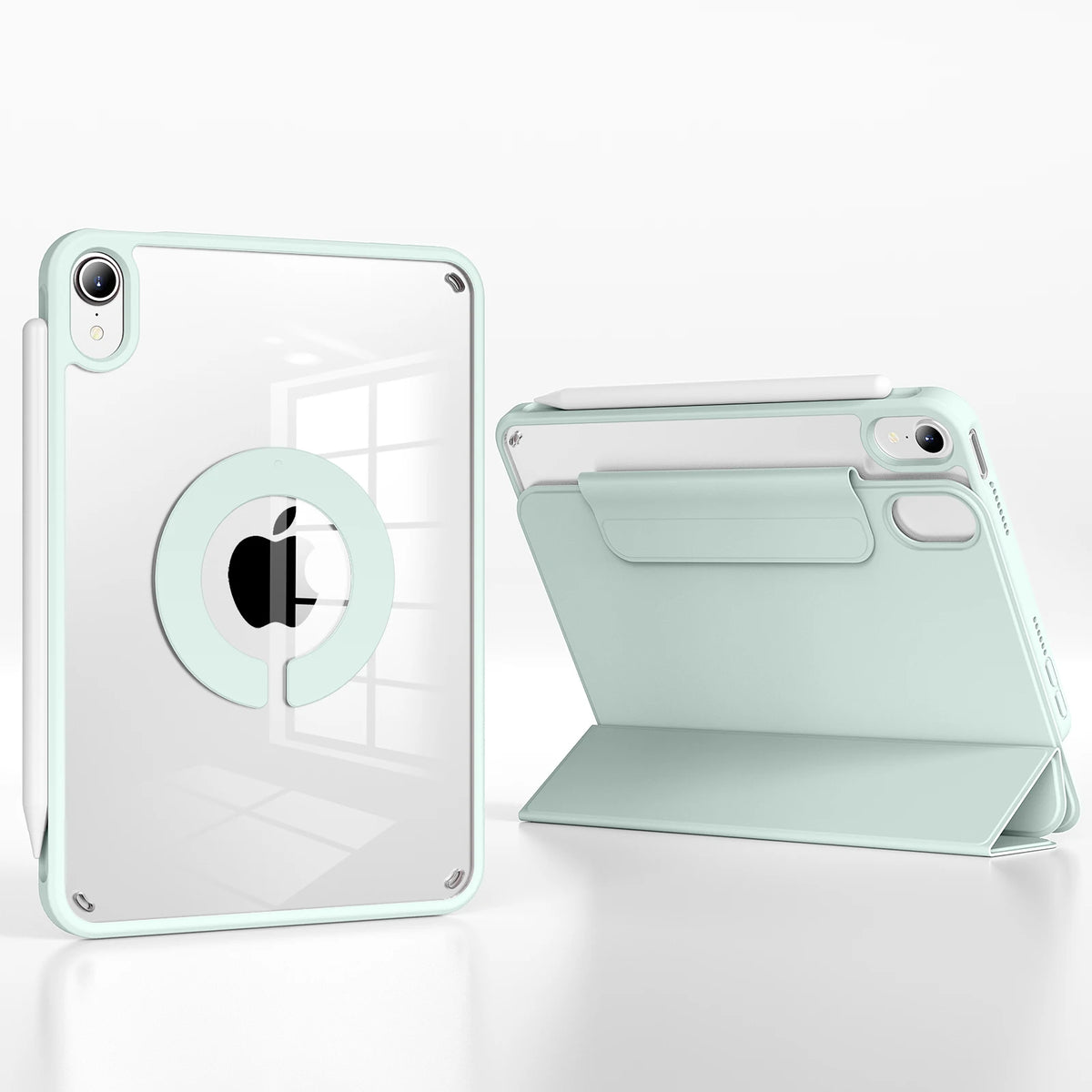 A light mint green magnetic rotating protective case for an Apple iPad is shown on a white surface.