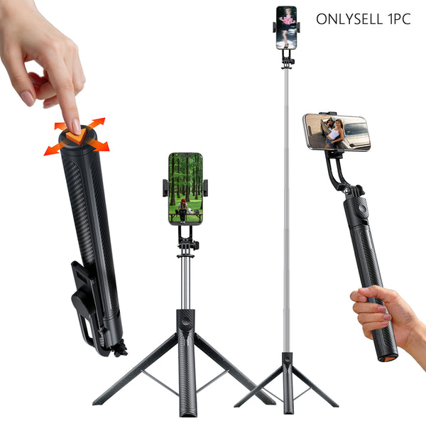 A hand holds an extendable selfie stick tripod with a smartphone attached, showing its length and setup.