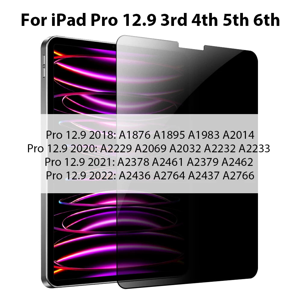 Privacy tempered glass screen protectors for various iPad Pro models including 12.9 inch versions from 2018 to 2022