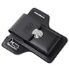 Black leather waist bag designed to hold a phone and keys with a metal clasp.