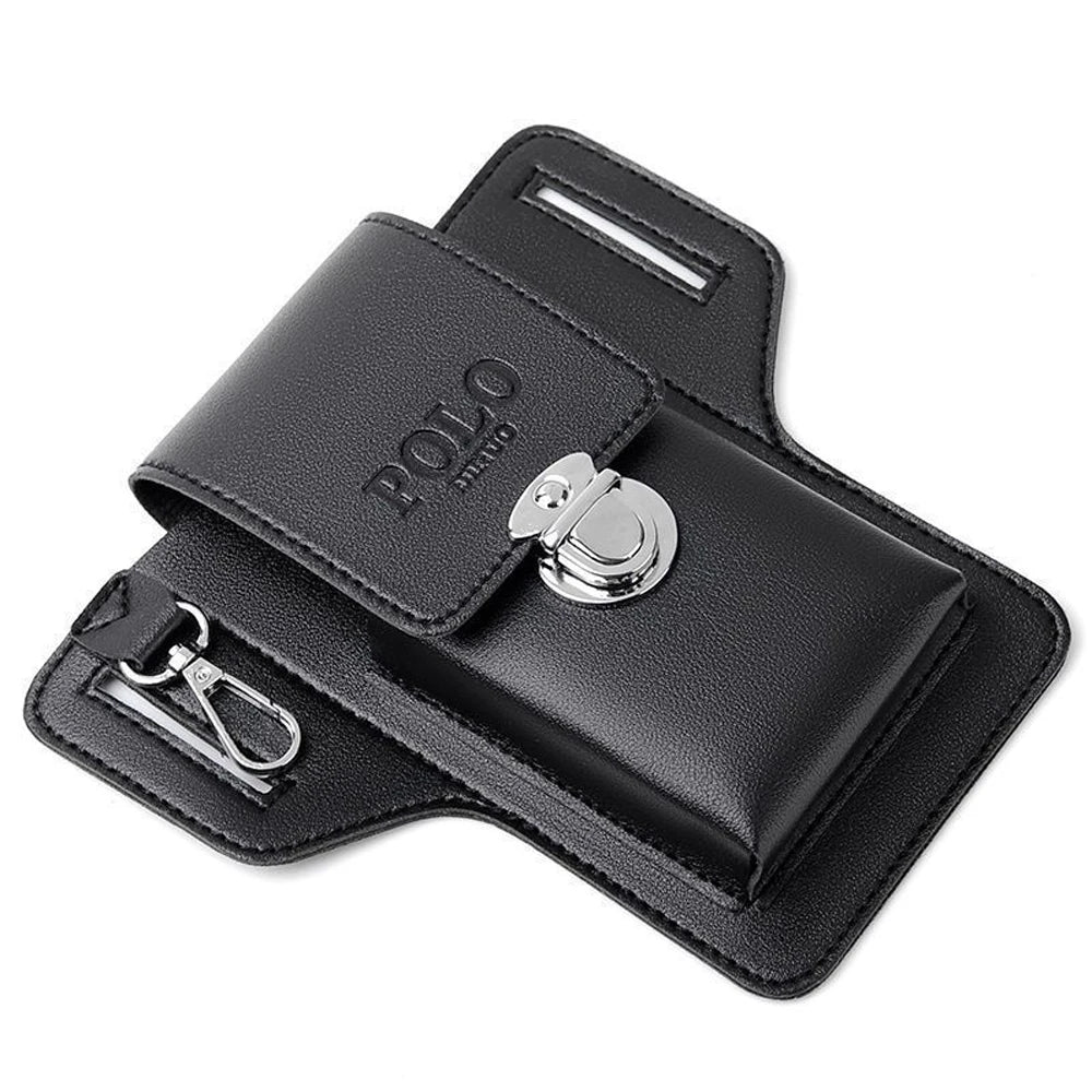 Black leather waist bag designed to hold a phone and keys with a metal clasp.