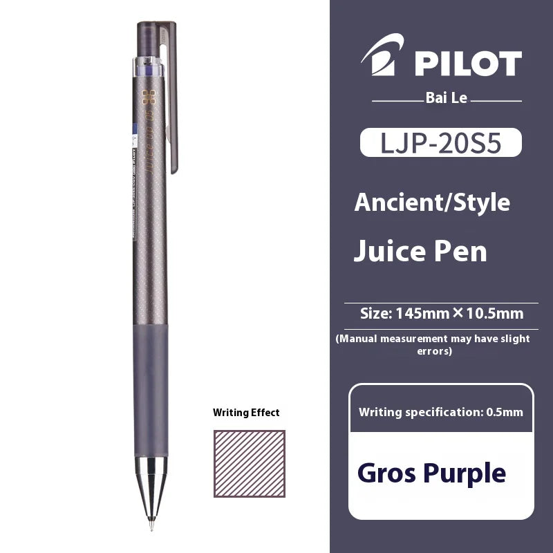 A purple Pilot LJP-20S5 juice pen writing instrument shown against a dark background.