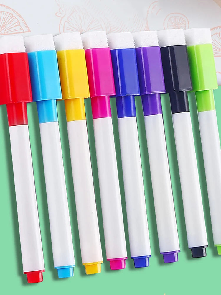 An array of eight magnetic whiteboard pens in various colors including red, blue, yellow, pink, purple, black, and green.
