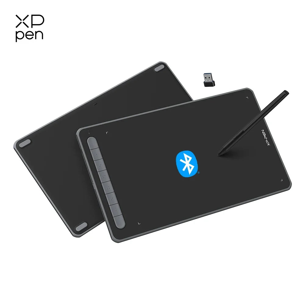 A black digital drawing tablet with a stylus and a separate USB cable is shown on a white background.