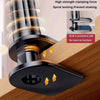 A close-up view of a black gooseneck tablet holder with a flexible arm clamped onto a wooden surface.