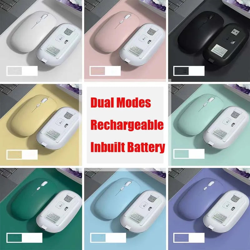 A set of multi-device Bluetooth keyboard and mouse combo devices in various colors including black, white, pink, and green.