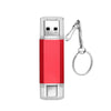A red and clear dual USB and Type-C flash drive with a metal keyring attachment.