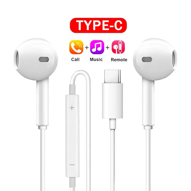 White Type-C wired in-ear earphones with separate charging cables and controls