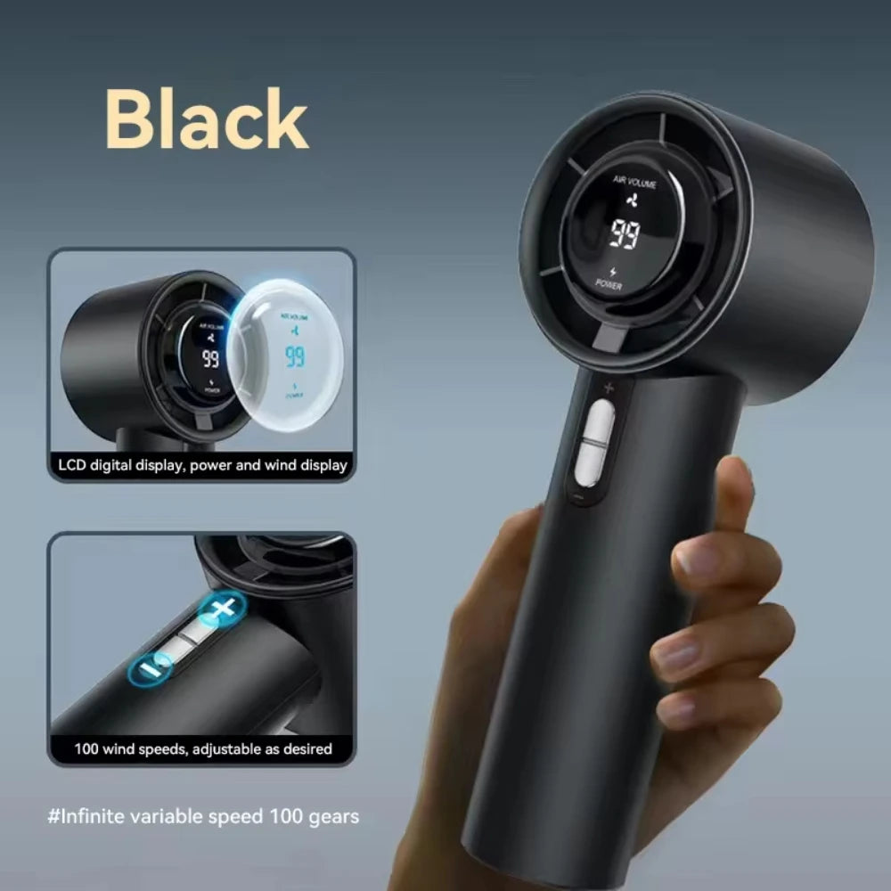 Eine Hand hält einen schwarzen tragbaren USB-Handventilator mit LCD-Display und verstellbaren Windstufen.