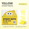 A box of yellow sticky notes with a cartoon fruit pear design and 80 sheets inside