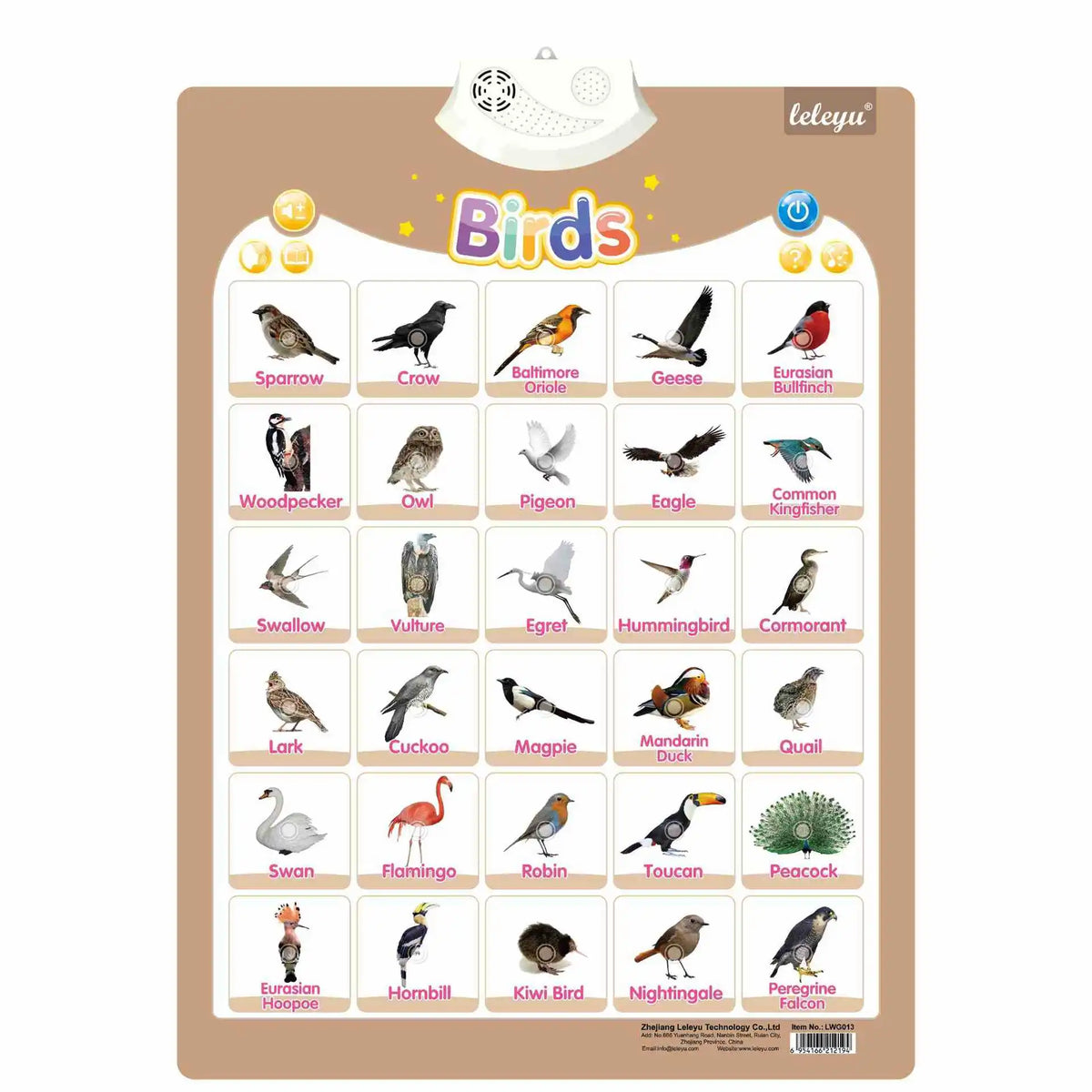 Interactive alphabet learning poster featuring various bird illustrations and sounds for children.