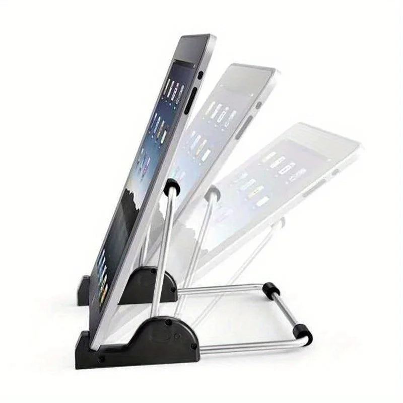 A foldable aluminum tablet and laptop stand displaying multiple devices.