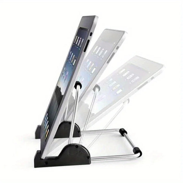 A foldable aluminum tablet and laptop stand displaying multiple devices.